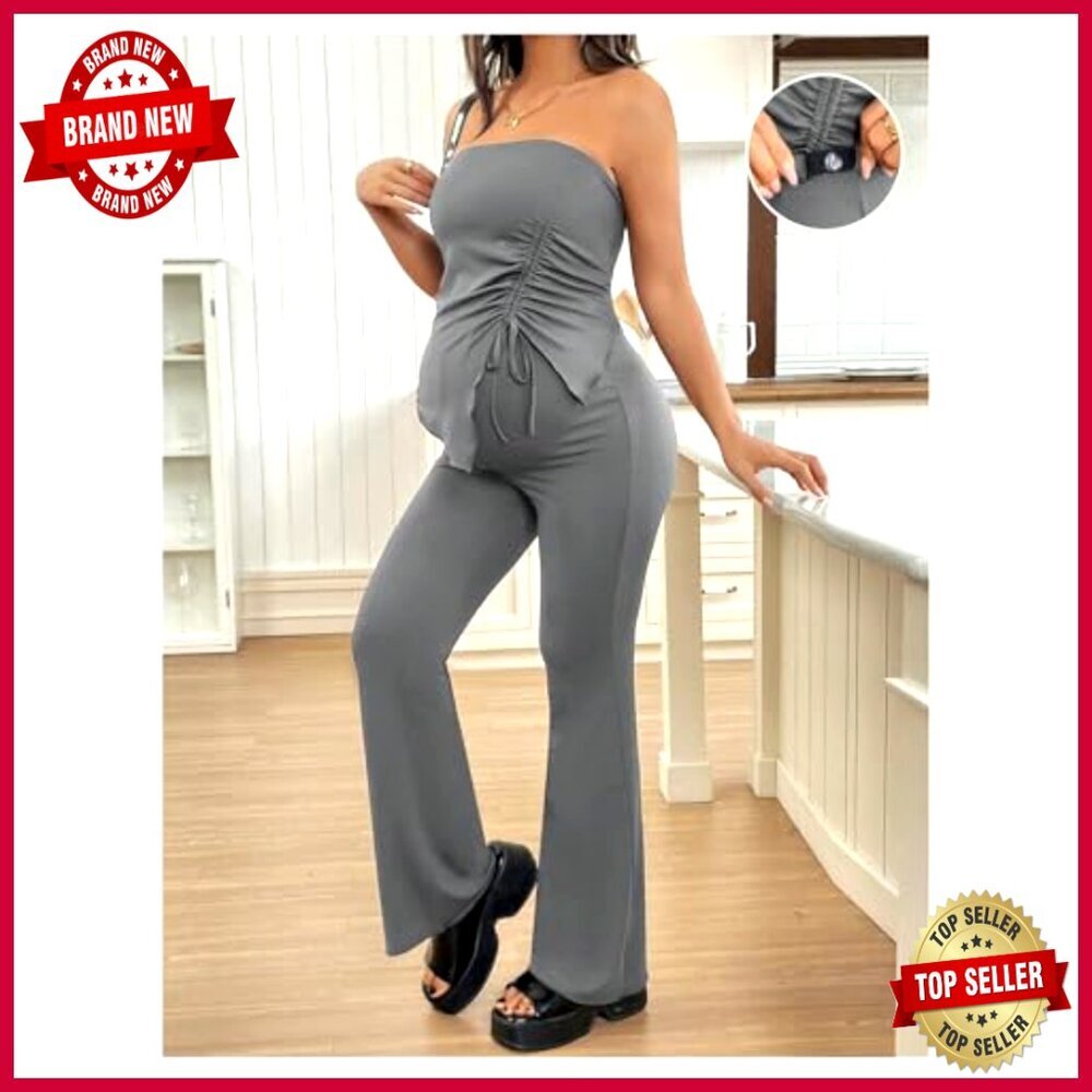 Maternity Two-Piece Set with Ruched Tube Top and Flared Pants - Picture 3 of 6